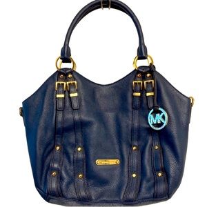 Dark Blue Michael Kors Purse With Gold Detailing. Four Inside Pockets.